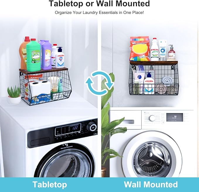 MSJGA Laundry Room Shelves, Wall Mounted Storage Basket, 11.8"Wx7.9"Dx8.5"H | Stackable Wire Wall Shelves Organizer for Towels, Detergent, Tissues, Space-Saving Over Washer & Dryer, Small Spaces - Image 2