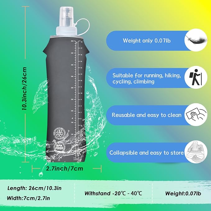 Flexible Running Bottles - Two Pack: 500ml/17oz, Foldable, BPA/PVC Free Soft Flask for Hydration Vests and Running Packs, Collapsible Leak-proof Pocket Bottle for Jogging, Hiking, Cycling, Climbing - Image 2