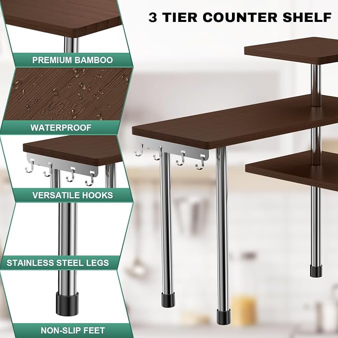 ZHWS Bathroom Counter Organizer for MakeUps, Dresser Table, Kitchen Countertop Organizer Adjustable 3 Tier Corner Shelf with 4 Metal Hooks for Coffee Bar, Spice Rack, Over Sink - Image 5