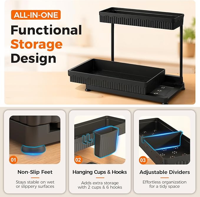 3-Pack 2-Tier L-Shaped Under Sink Organizers with Sliding Drawers | Multi-use kitchen & bathroom storage, 12.85 inch black cabinet organizer, space-saving sliding drawer design. - Image 6