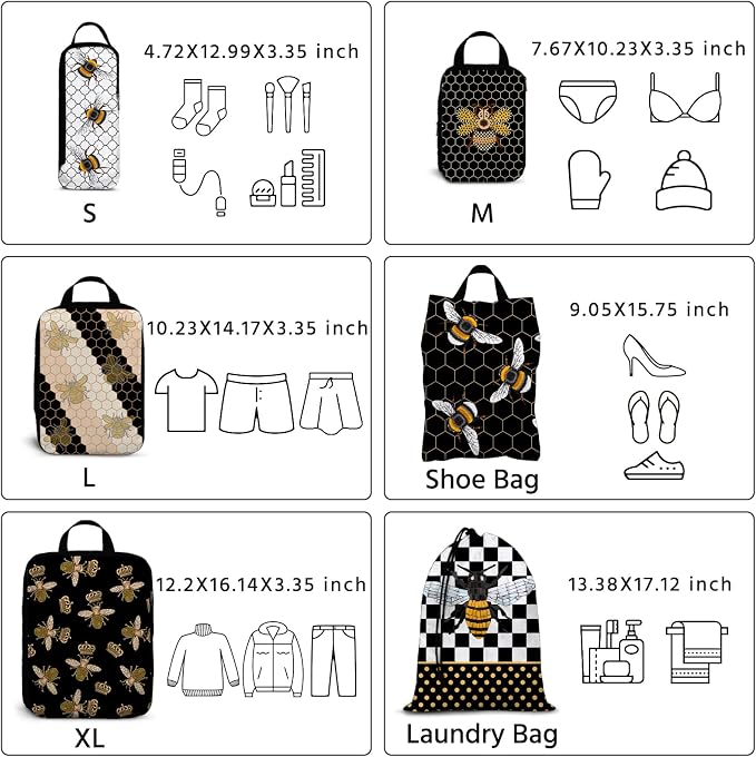 6 Pcs Compression Packing Cubes Waterproof Suitcase Travel Bag Luggage Backpack Organizer Travel Cubes for Packing-Black and Gold Bees - Image 2