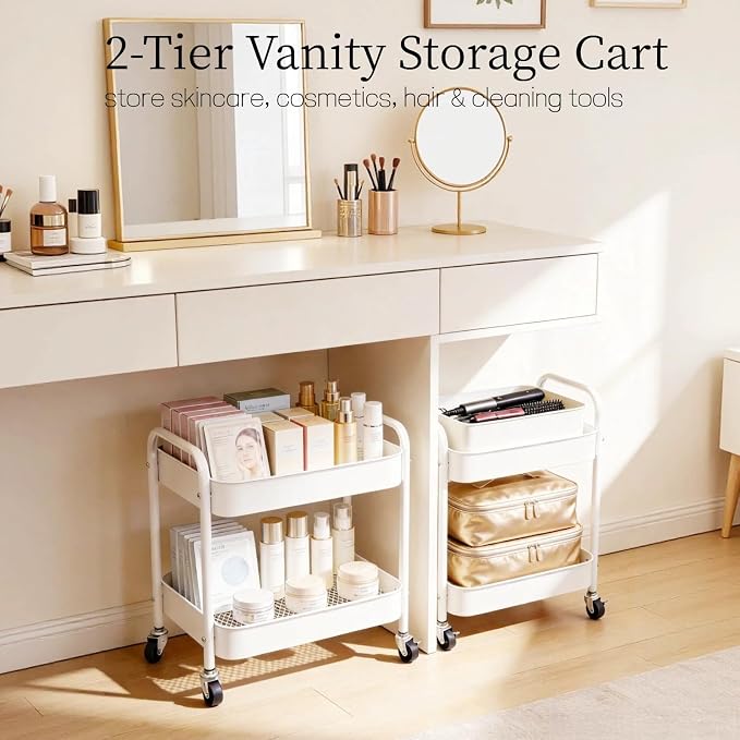 Under Desk Storage Cart 2 Tier Utility Rolling Cart with Wheels, Small Metal Mobile Trolley with Handle Two Tiered Utility Organizer Roller for Kitchen Office Bathroom Pantry Room, White - Image 8