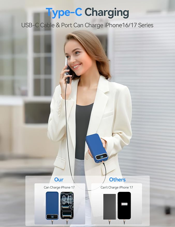 aonidi Portable Charger 20000mAh with Built-in Cables&AC Wall Plug, Navy | PD20W Fast Charging,Travel Essential,TSA Approved,LED Display,All in One USB C Power Bank for All Cell Phones Devices - Image 5
