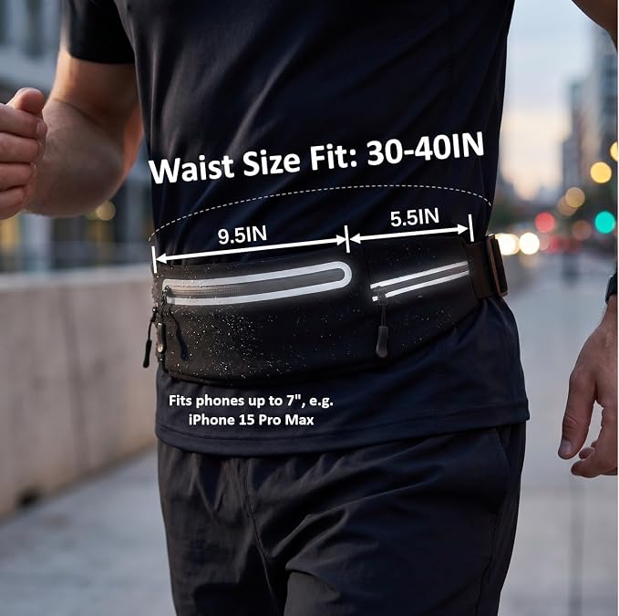 Running Belt for Women Men, Slim No-Bounce Waist Pack, Water Resistant Reflective Phone Holder Fits Phones up to 7.5 inch, Adjustable Fanny Pack for Running Jogging Hiking（Black） - Image 8