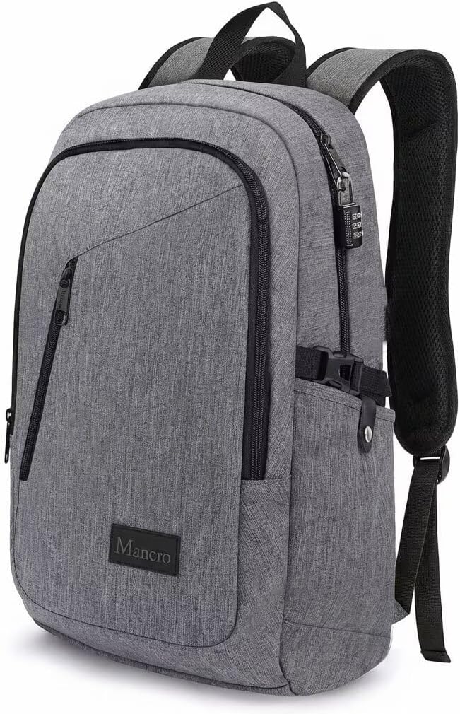 Mancro Laptop Backpack for Travel, Anti-theft Business Backpack for Men | Water Resistant Work Daypack with Lock, Travel Computer Bag with Laptop Compartment Fits 15.6 Inch Laptop for Men Women, Grey - Image 7