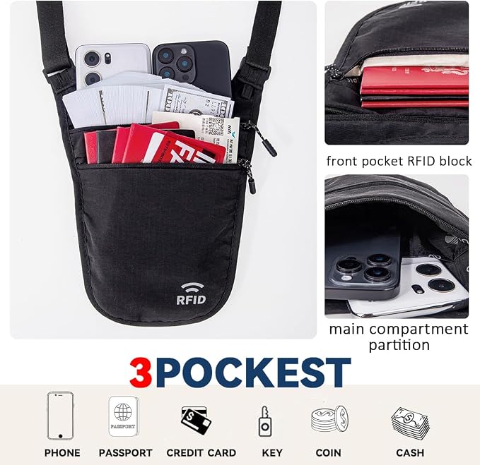 Money Belt for Travel, RFID Blocking Hidden Neck Wallet & Passport Holder | Unisex dual-strap + RFID, slim breathable, 3-compartment holds 4 passports+2 phones, durable YKK, water-resistant. - Image 5