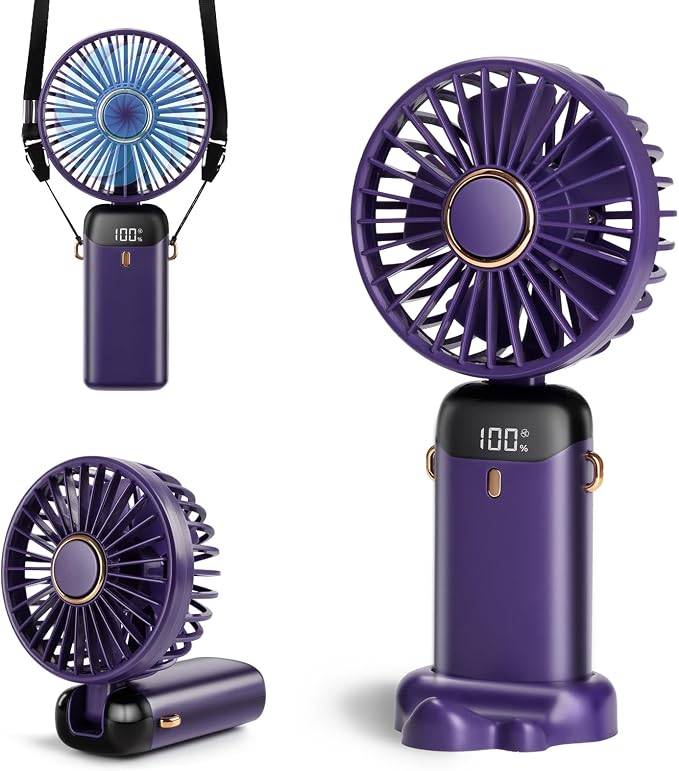 Portable Handheld Fan, 12 hours, Upgrade 3200mAh Portable Fan with LED Display, 90° Foldable, 5 Speed Wind,Hand Held/Neck/Desk 3 in 1 Personal Small Fans, Makeup Fans for Women (Purple) by Unknown