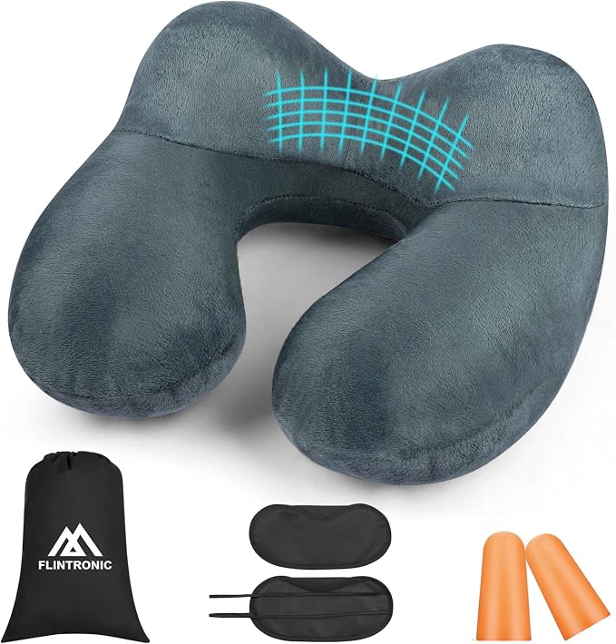 flintronic Inflatable Travel Pillow, Inflatable Travel Pillow for Airplane, Soft Velvet Neck Support, Lightweight Ergonomic Sleeping Neck Pillow for Airplane, Car, Train, Office, Camping (Grey) by flintronic