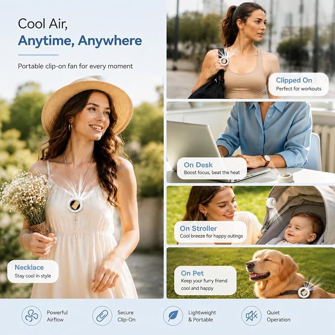 Clip On Fan, Portable Silent Mini Bladeless Personal Fan | 3-Speed 360° Rotatable Small Clip Fan for Shirt Waist, Hands-Free Wearable Fan for Outdoor Travel Office - Image 4