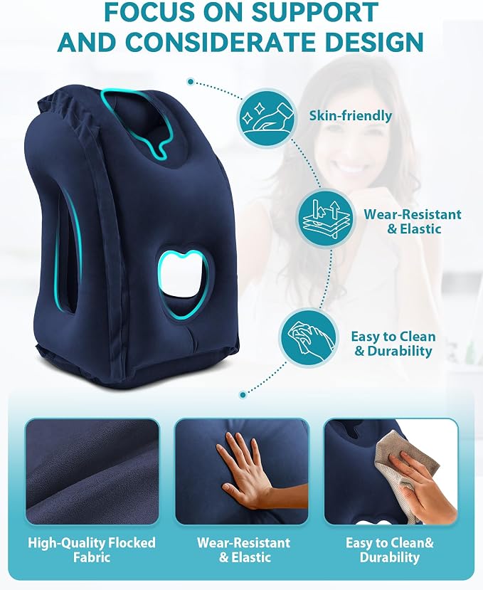 Inflatable Travel Pillow, Airplane Neck Pillow Comfortably Supports Head and Chin for Airplanes, Trains, Cars and Office Napping with 3D Eye Mask, Earplugs and Portable Drawstring Bag (Blue) - Image 3