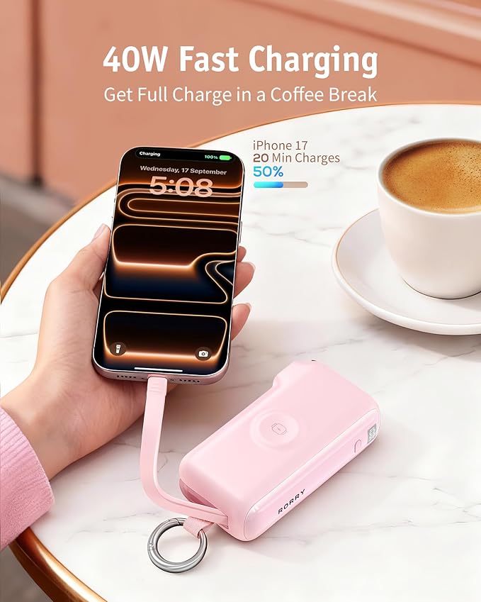RORRY Flow Portable Charger 10000mAh 40W Wall Plug Power Bank Battery Pack | Built-in USB-C Cable, Keychain Design, Fast Charging, for iPhone 17/16/15, Apple Watch, iPad, 3-in-1, Travel Essential - Image 4