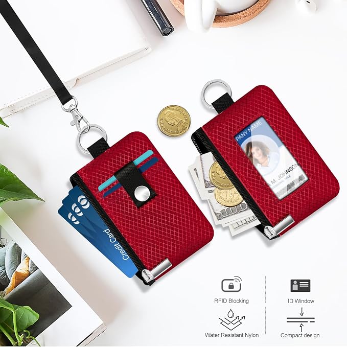 Minimalist RFID Blocking Small Wallet with ID Window,WaterResistant Zip Id Case Wallet with Lanyard Keychain for Cards,Cash,Travel,Women,Men (Red) - Image 8