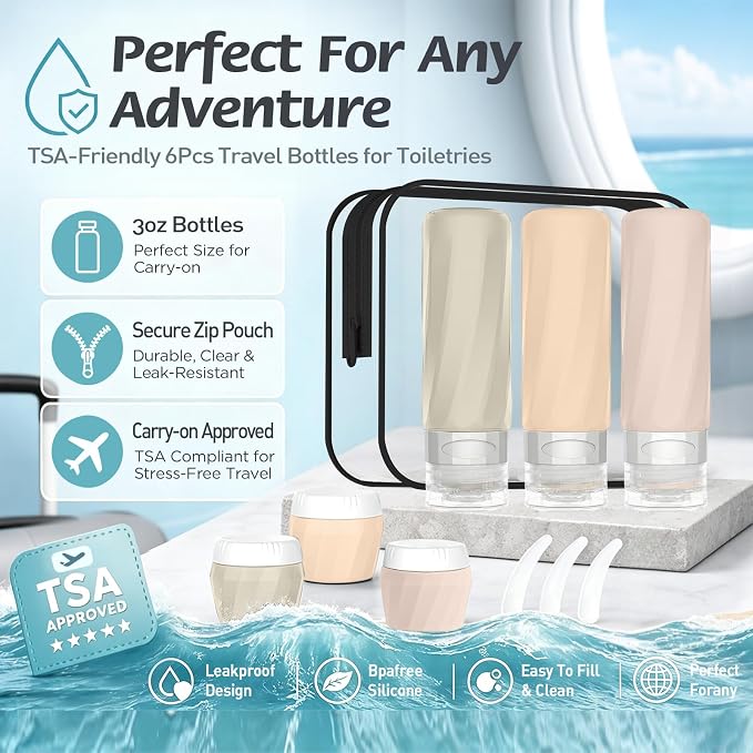 6Pcs Travel Bottles for Toiletries, Silicone Travel Size Containers Set | TSA Approved BPA-FREE Silicone Leak Proof Refillable Bottles and Jars, Women & Men Airplane Cruise Essentials Kit (CREAM) - Image 3