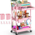 Goovilla 3 Tier Rolling Utility Cart Organizer with Removable Drawer, Pink | Stable and Sturdy Rolling Storage Carts with 2 Lockable Wheels for Bathroom, Kitchen, Snack, Craft, Makeup, Baby Essentials by Goovilla