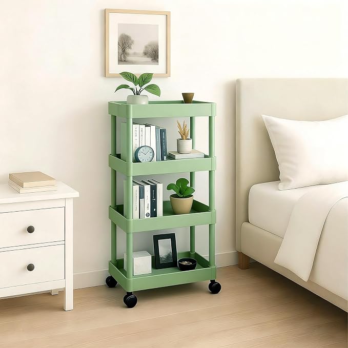 ShellKingdom 4 Tier Bathroom Storage Organizer, Slim Rolling Storage Cart for Narrow Space, Mobile Shelving Unit with Lockable Wheels and Hooks for Bathroom, Kitchen, Laundry Movable Shelf (Green) - Image 3