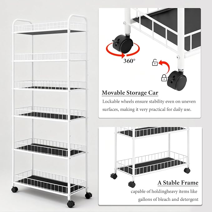 10in Slim Storage Cart, Metal 6-Tier Narrow Rolling Shelf, Sturdy Slim Storage with Hooks Ideal for Kitchen, Bathroom, and Laundry Room (10in White) - Image 5