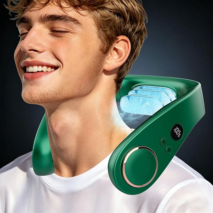 Neck Fan with Cooling Plate-24H Quiet Powerful Fans that Blow Cold Air-5 Speed&Power LED Display-USB 5500mAh Bladeless Wearable Personal AC Cooler for Women,Men,Kids,Travel,Outside,Indoor Green by KJXICNeckFan