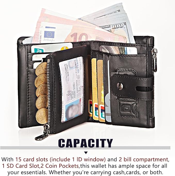Anti-Theft Mens Wallet with Chain Genuine Leather ID Window Purse with RFID Blocking Bifold Double Zipper Coin Pocket with Gift Box - Image 4