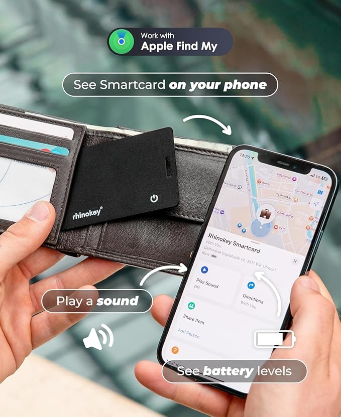 Rhinokey® Apple MFi Certified Wallet Tracker Card Works with Apple Find My | (iOS Only) Slim 0.07in Rechargeable IP68 Waterproof Tracker Item Finder Credit Card Tracker with Keychain Hole for Luggage - Image 2