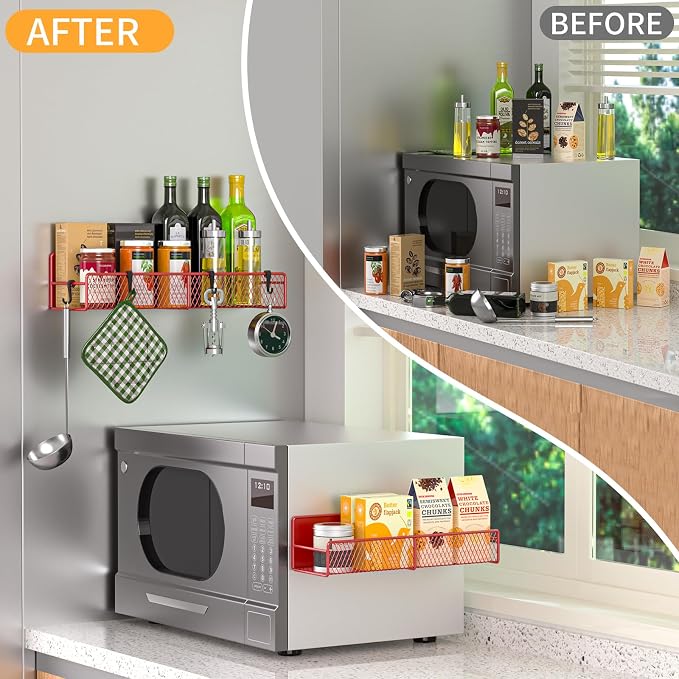 Magnetic Spice Rack for Refrigerator, 2 Pack 100% Metal Strong Magnet Shelf, Space Saving Spice Organizer W/ Hooks, Movable Magnetic Fridge Shelf, Kitchen Home Laundry Room Storage Organization, Red - Image 5