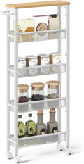 VASAGLE Slim Rolling Cart, 5-Tier Storage Cart, Narrow Cart with Handle, 5.1 Inches Deep, Metal Frame, for Kitchen, Dining Room, Living Room, Home Office, Oak Beige and Classic White ULRC034W09 by Unknown