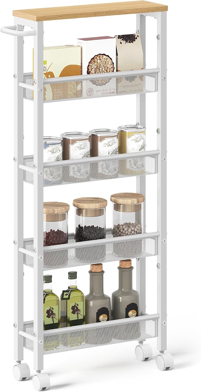 VASAGLE Slim Rolling Cart, 5-Tier Storage Cart, Narrow Cart with Handle, 5.1 Inches Deep, Metal Frame, for Kitchen, Dining Room, Living Room, Home Office, Oak Beige and Classic White ULRC034W09 by Unknown