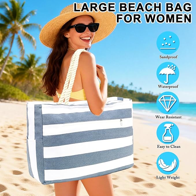 Fammart Beach Bags Waterproof Sandproof for Women, Large Canvas Pool Bag with Leakproof Wet Pocket & Zipper Cruise Essentials - Image 3