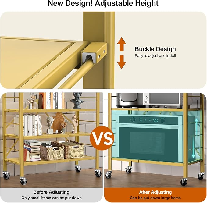 Himix 6-Tier Foldable Storage Shelves Expandable Shelf Wheels Gold 2-in-1 | Folding shelving units, Metal collapsible organization, Changeable into 2 shelf units, Bookshelf, Garage, Holds 3600 Ibs - Image 4