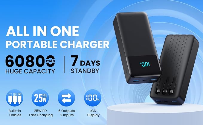 Portable Charger 60800mAh Power Bank with 3 Built-in Cable,25W PD USB C Power Bank Fast Phone Charging,QC4.0 Travel Outdoor Essential Portable Phone Battery Pack for iPhone 17/16/15/14,Galaxy Android - Image 8