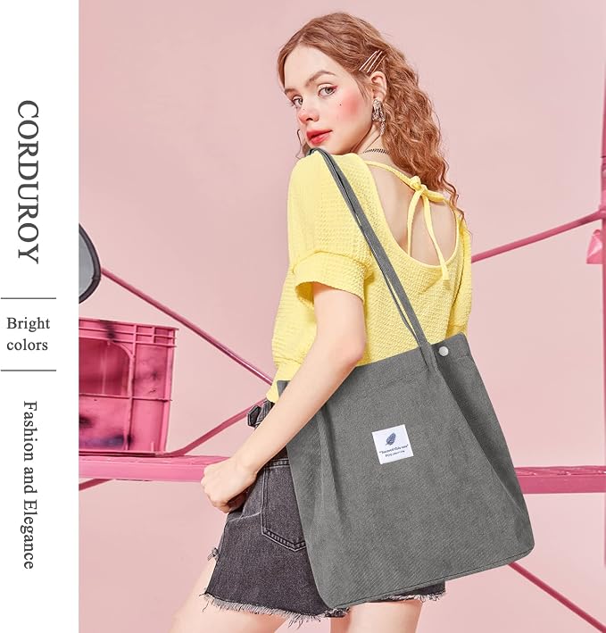 LHMTQVK Corduroy Tote Bags for Women, Large Capacity Tote Purse Reusable Grocery Shoulder Bag with Inner Pockets - Image 6
