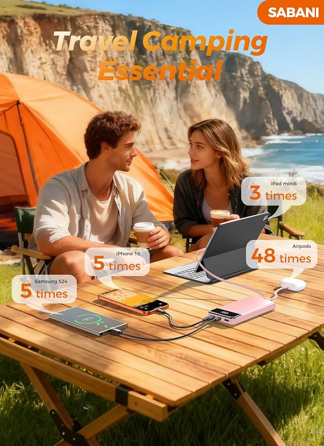 SABANI Portable Charger 35000mAh Power Bank, 4 Built in Cable Big Capacity | Ultra Slim, 22.5W Fast Charge, Travel Camping Essential, USB C External Battery Pack for iPhone Samsung Android, Pink - Image 6