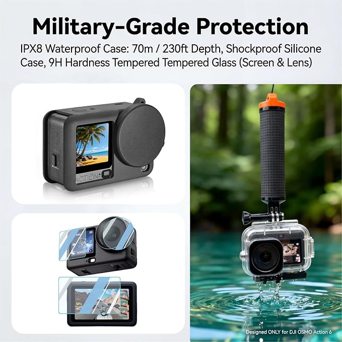 Accessories Kit for DJI OSMO Action 6, Large Carrying Case, Waterproof Housing Case, Handlebar Clamp, Screen Protector, Selfie Stick, Chest Head Strap, Backpack Belt, Floaty Bobber, Suction Cup - Image 6
