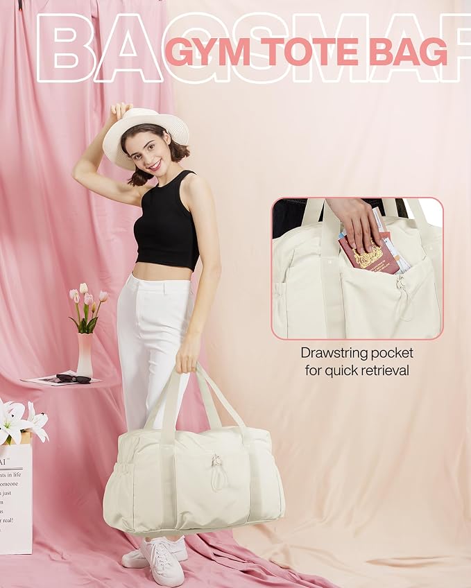 BAGSMART Weekender Duffle Bag with Shoes Bag, Travel Essentials, Beige | 26L Airport Carry On Overnight Gym Tote Bag for Sports and Travel Essentials, unfoldable - Image 3