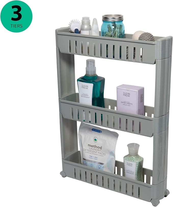 Simplify 3 Tier Slim Slide Out Storage Cart | Multi-Purpose Organization | Rolling | Wheels | Small Space | Laundry Room | Kitchen | Bathroom | Office | Grey - Image 5