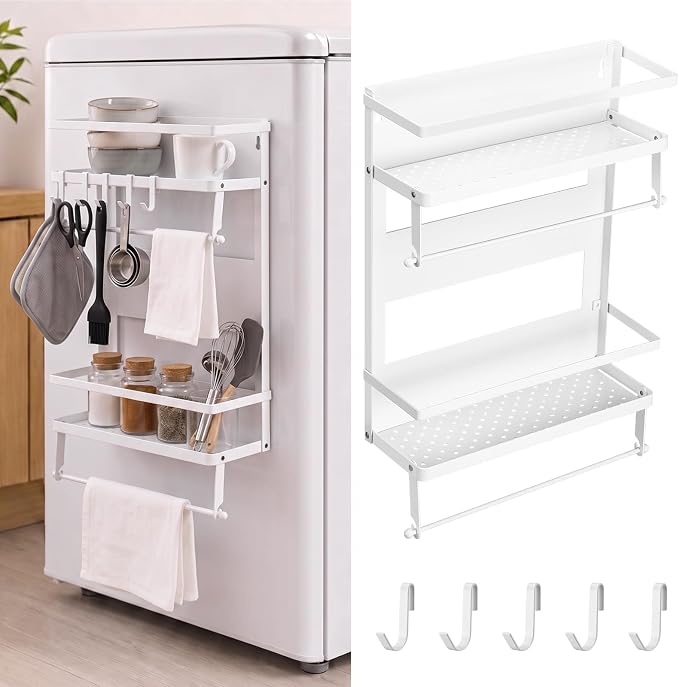 Vercraft Magnetic Dorm Fridge Organizer Heavy Duty Metal 66lbs over Dorm Fridge Shelf Essentials Side of Fridges Paper Towel Holder with Storage Shelf Hooks Magnetic Spice Rack for Room Kitchen(White) by Vercraft