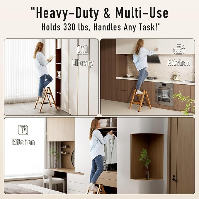 Mayi Plus 2 Step Stool Foldable, Aluminum, Lightweight Step Ladder | Extra-wide anti-slip folding steps with 330 lbs, for home,kitchen,office,outdoor,Woodgrain - Image 9