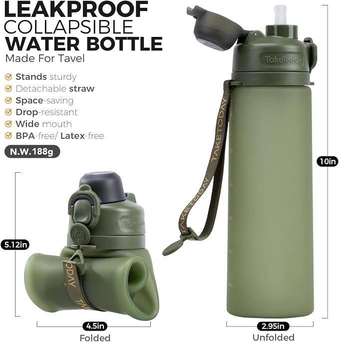 TakeToday Collapsible Water Bottles 21oz (600mL), Foldable Platinum Silicone Travel Water Bottle with Straw & Carry Strap, Leak-Resistant Screw Lid, Wide Mouth, BPA-Free for Hiking, Camping, Travel - Image 2