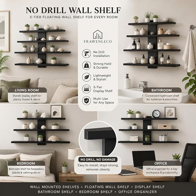 No Drill Wall Shelf, 5-Tier Black Floating Shelves with Adhesive, Damage-Free Wall Mounted Organizer for Bathroom, Kitchen, Living Room, Bedroom(Black) - Image 6