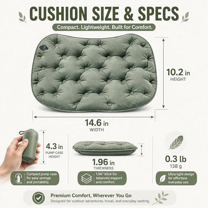 Inflatable Seat Cushion with Pump for Airplane Travel and Stadium | No Mouth-Blow Pump, 14.6 x 10.2 x 1.96 in, Water-Resistant 30D Nylon TPU, Lightweight for Travel, Camping and Hiking - Image 7