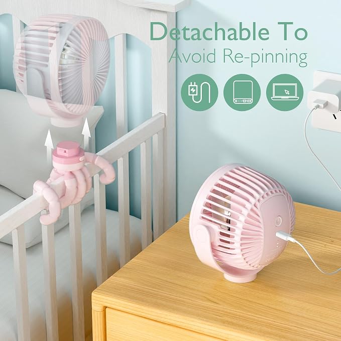 Momcozy 8000mAh Portable Stroller Fan, 27H Ultra-long Battery Life | Detachable 4 Speed 360°Rotate LED Night Light with 2 Modes, USB Rechargeable Handheld Cooling Fan for Travel/Car Seat/Bedroom - Image 5