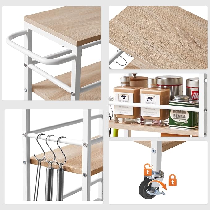 IBUYKE Slim Rolling Storage Cart, Kitchen Cart Utility Shelving UTMJ065R | 4-Tier, with Lockable Wheels,Handle&6 Hooks, 7.9" wide,for Kitchen, Laundry, Bathroom, Rustic Brown - Image 7