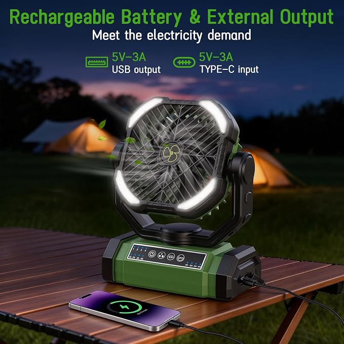 UUYEE Camping Fan Rechargeable, Large Capacity Battery Powered Fans - Green | LED Light, 4-Speed, Cordless, Hanging Hook, 270° Adjustable, Quiet, Lightweight, Battery Operated Fan for Tent Beach Outdoor - Image 6