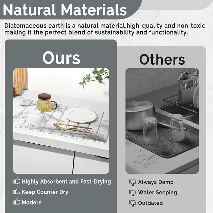 Large Stone Dish Drying Mat for Kitchen Counter, 2 PCS Quick Dry Stone Mats, Foldable Water Absorbing Diatomaceous Earth Drying Dishes Pad for Countertop Bottle Utensil Cup(Black White 24"×16"&8"x4") - Image 7