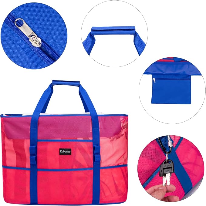 KABAQOO Mesh Beach Bag, Extra Large Beach Bags with 9 Pockets & Zipper Waterproof Lightweight Beach Tote for Beach/Pool Trip - Image 4