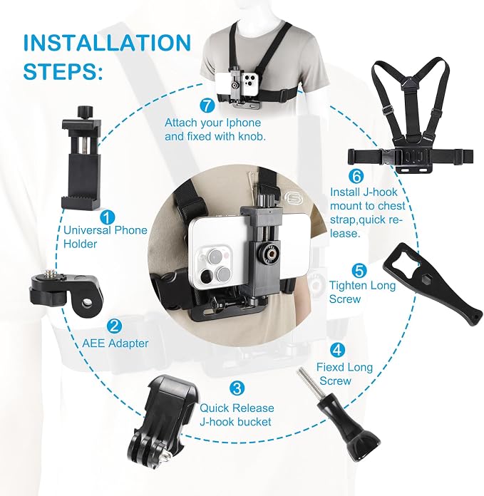 PellKing Mobile Phone Chest Strap Harness Mount Head Strap Holder Kit for POV/VLOG,Cell Phone Clip Compatible with iPhone,Samsung,GoPro Hero 9, 8,7, 6, 5, 4, 3,2, 1,AKASO,DJI Osmo,and Action Cameras… - Image 5
