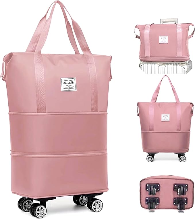 Expandable Foldable Duffel Bag with Detachable Rolling Wheels, Large Carry-On Luggage for Travel, Gym, Camping, Shopping, Business Trip (Pink) by Unknown