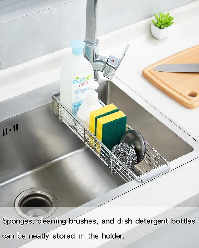 Expandable Kitchen Sink Caddy, 304 Stainless Steel Over the Sink Sponge Holder, Adjustable Drain Rack Organizer for Sponges, Brushes, Dish Soap, Rustproof & Quick-Dry - Image 2