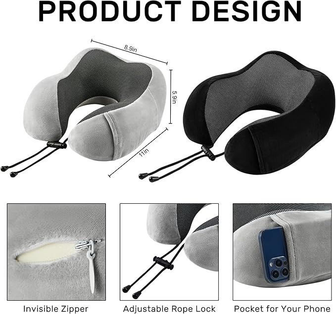 urnexttour Neck Pillow Airplane Travel Pillow 2 Pack Black and Grey | Memory Foam Soft Support Travel Neck Pillow for Travelling, Sleeping Rest, Car, Train and Home Use - Image 6