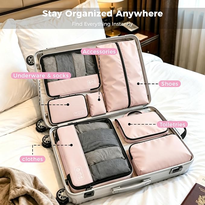 Compression Packing Cubes for Carry On Travel, 8-Piece Luggage Organizers | Women Stylish Packing Cubes for Carry-On & Suitcase , Perfect for Vacation Cruise, Weekend Getaways - Light Pink - Image 6