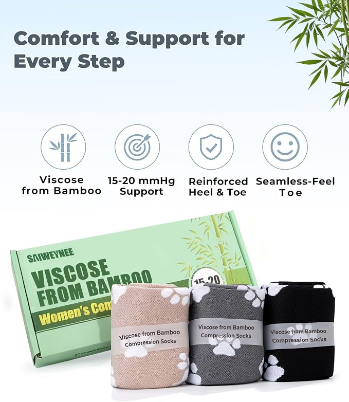 Compression Socks for Women 15-20 mmHg, Viscose from Bamboo, 3-Pair Knee High for Flying, Work & All-Day Comfort - Image 6